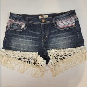 Lei Ashley Jean Shorts Women Size 11 Blue Denim Lace Trim Shorts Boho Low Rise